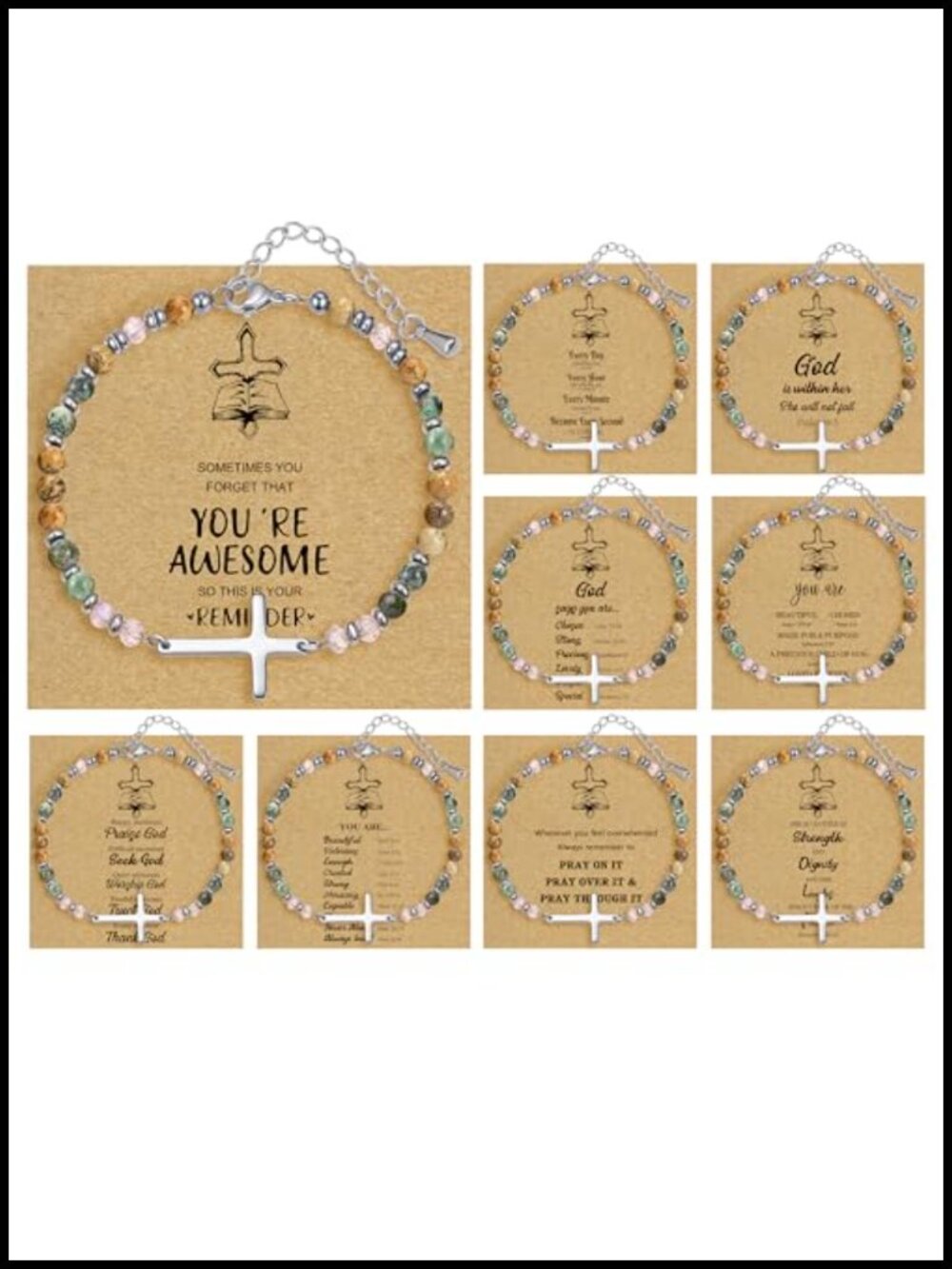 9 Piece Beaded Cross Bracelet Set Stainless Steel Charm Strand